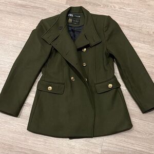 Zara Women's Dark Green Pea Coat with Gold Buttons